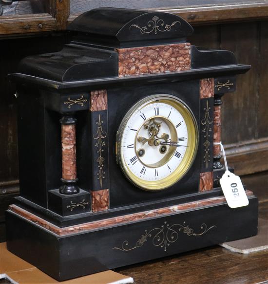 A French black slate and marble mantel clock, with visible Brocot escapement height 33.5cm